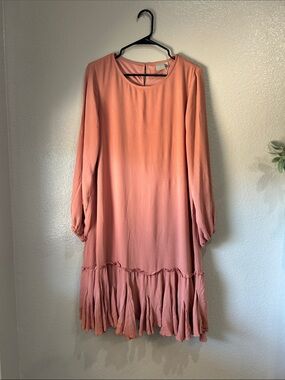 Emberley Peach Long Sleeve Ruffle Hem Midi Dress Sz L Boho Summer no Belt TC0061